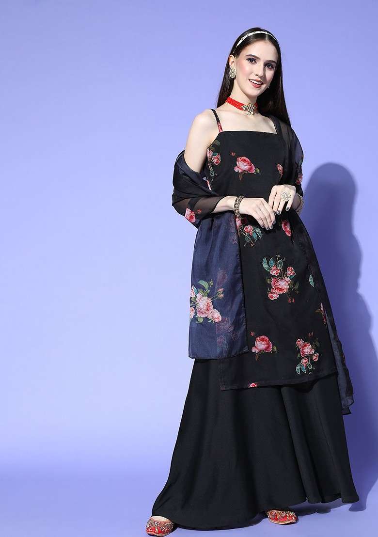 Black Floral Print Organza Sharara Set - Indya