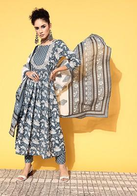 Grey Floral Pure Cotton Print Parade Kurta Set