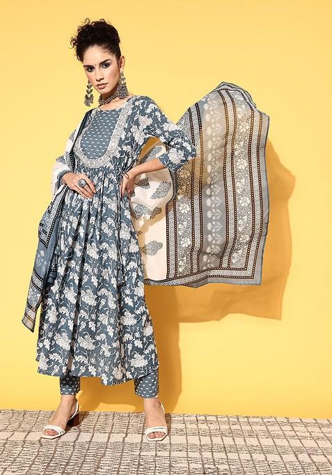 Grey Printed Cotton Anarkali Set