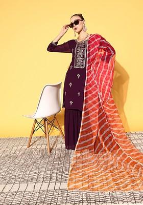 Purple Floral Poly Georgette Bling It On Kurta Set