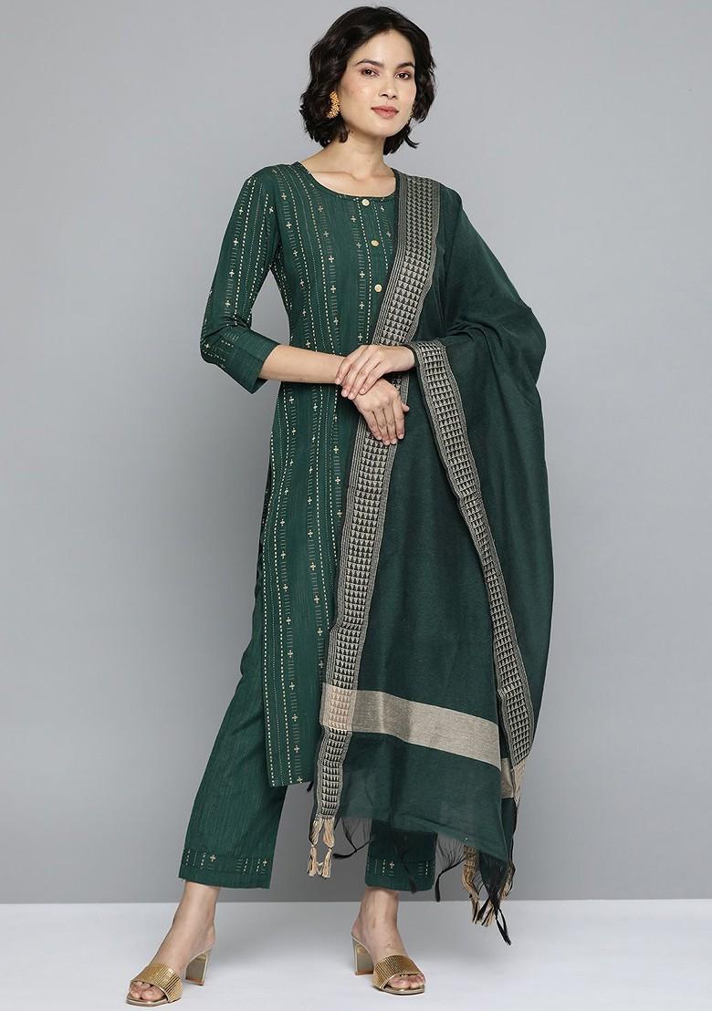 Green Pure Cotton Kurta With Trousers And Dupatta