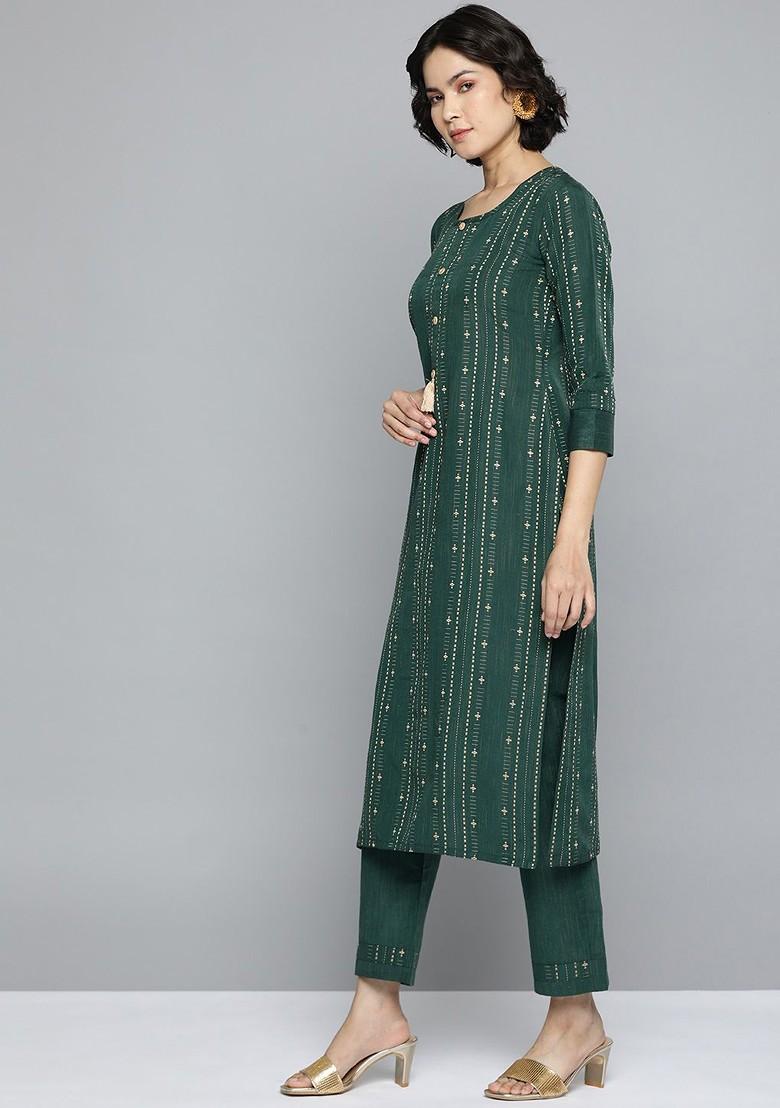 Green Pure Cotton Kurta With Trousers And Dupatta