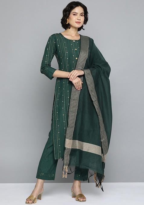 Green Pure Cotton Kurta With Trousers And Dupatta