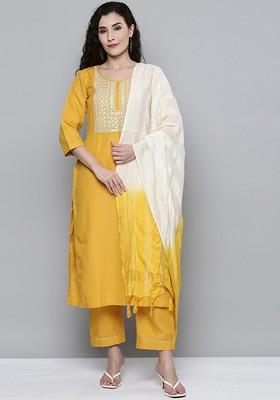 Yellow Striped Panelled Mirror Work Kurta With Trousers And With Dupatta