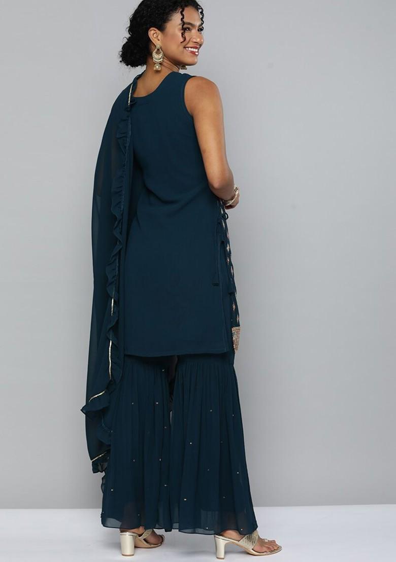 Teal Ethnic Motifs Empire Sequin Kurta With Sharara And With Dupatta