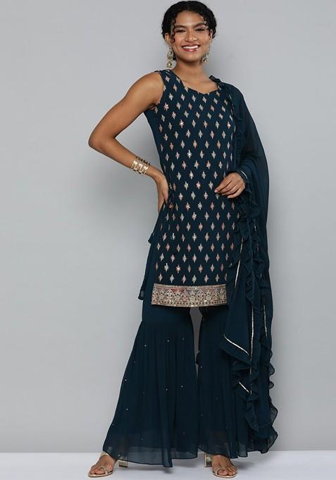 Teal Ethnic Motifs Empire Sequin Kurta With Sharara And With Dupatta