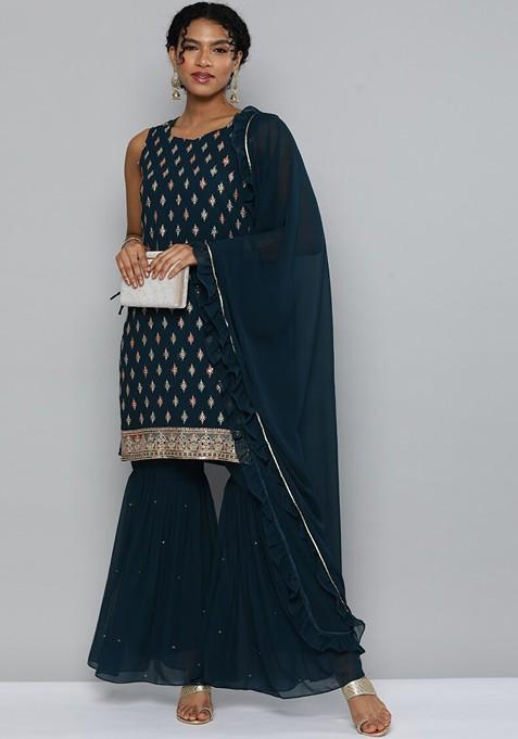 Teal Ethnic Motifs Empire Sequin Kurta With Sharara And With Dupatta