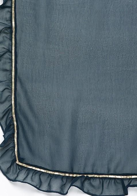 Teal Ethnic Motifs Empire Sequin Kurta With Sharara And With Dupatta