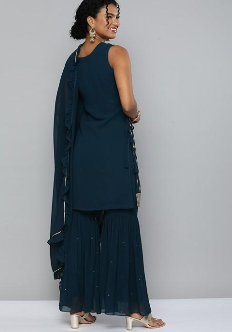 Teal Ethnic Motifs Empire Sequin Kurta With Sharara And With Dupatta