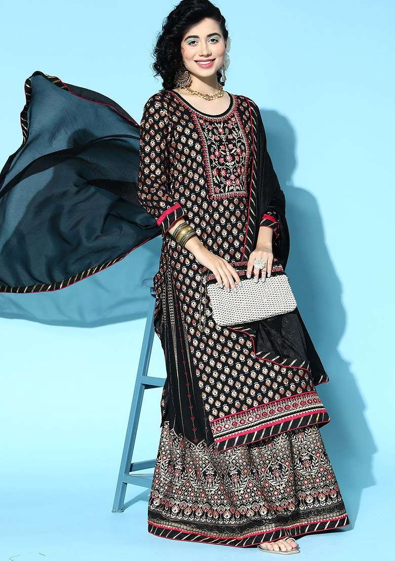 Black Printed Viscose Sharara Set - Indya
