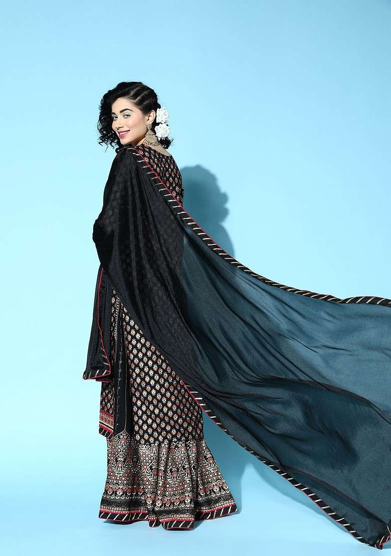 Black Printed Viscose Sharara Set - Indya