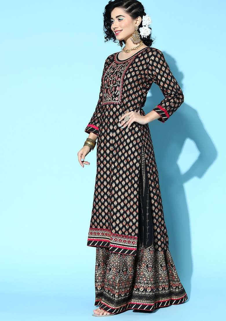 Black Printed Viscose Sharara Set - Indya