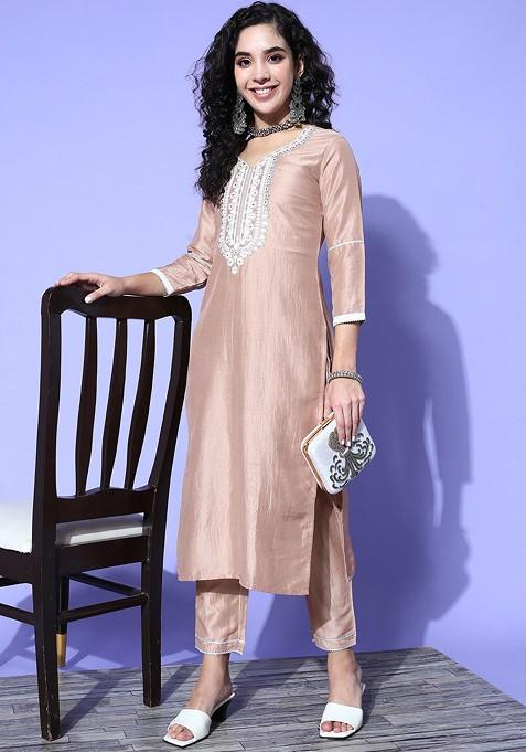 Peach Ethnic Motifs Silk Blend Hyper Texture Kurta Set