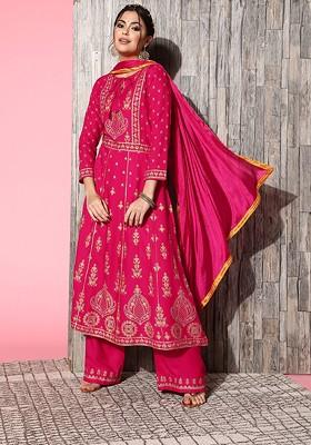 Pink Ethnic Motifs Viscose Rayon Fluid Tie Up Kurta Set