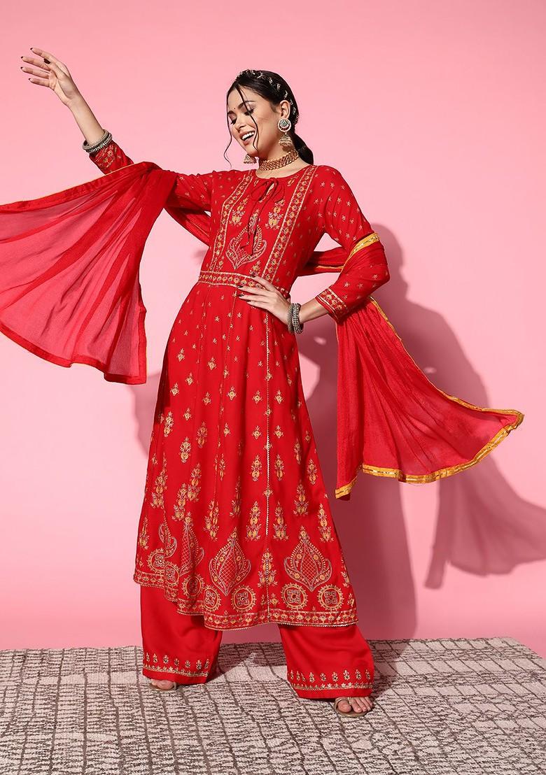 Red Ethnic Motifs Viscose Rayon Fluid Tie Up Kurta Set