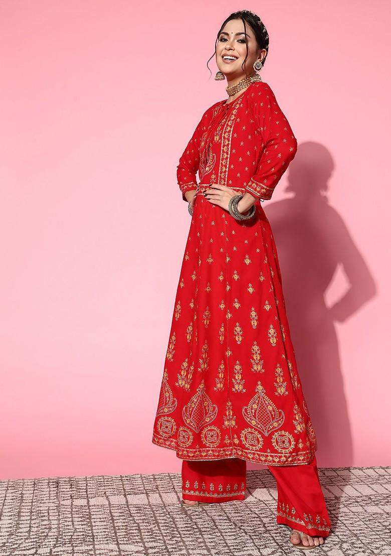Red Ethnic Motifs Viscose Rayon Fluid Tie Up Kurta Set
