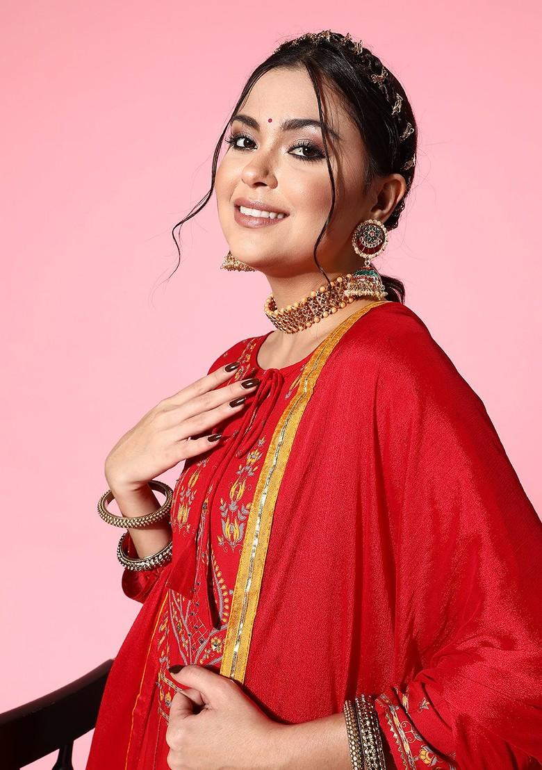 Red Ethnic Motifs Viscose Rayon Fluid Tie Up Kurta Set