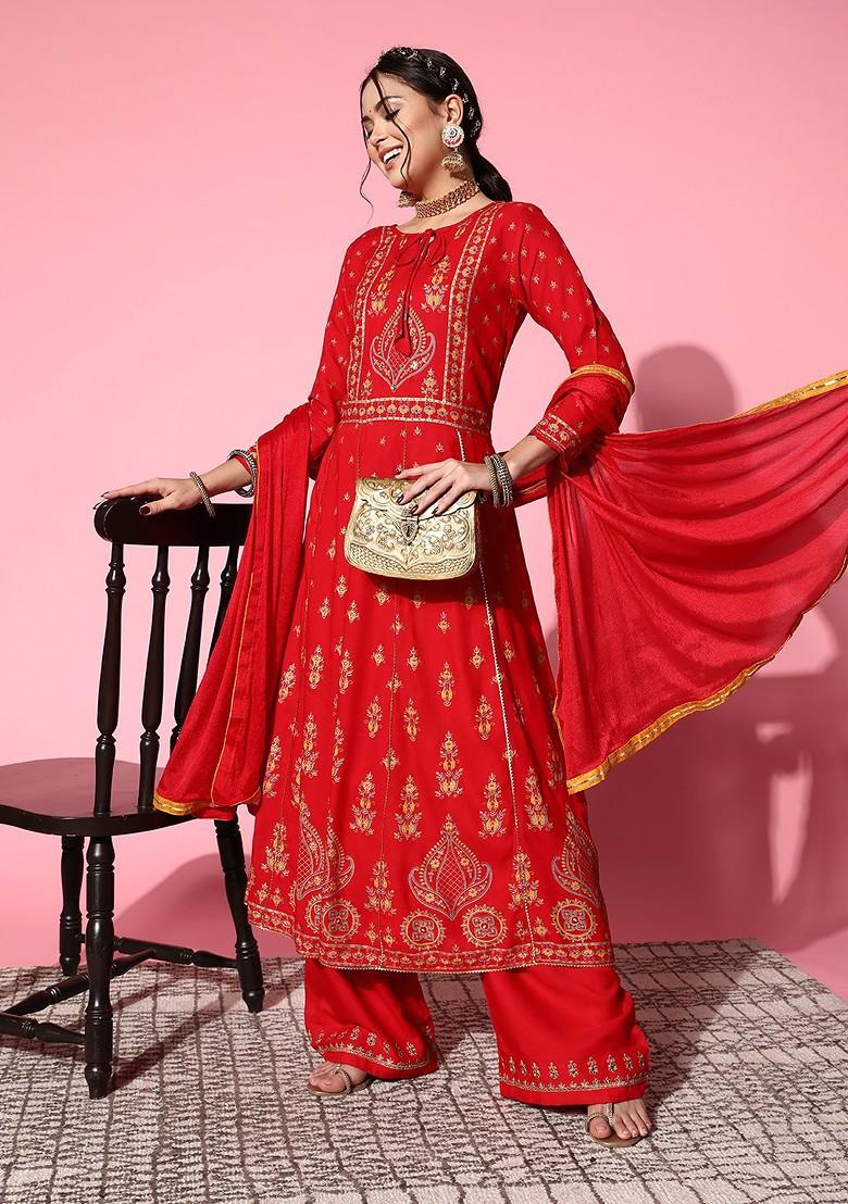 Red Ethnic Motifs Viscose Rayon Fluid Tie Up Kurta Set