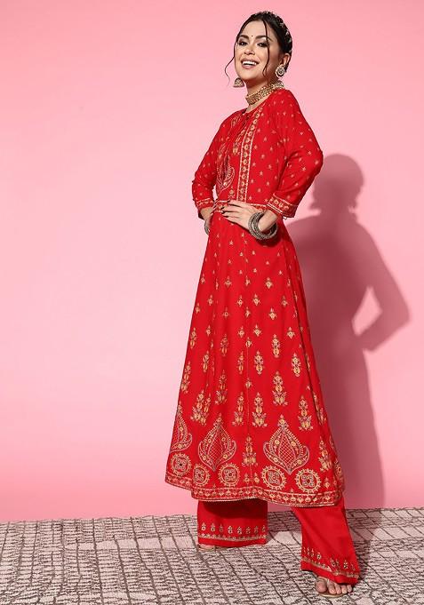 Red Ethnic Motifs Viscose Rayon Fluid Tie Up Kurta Set