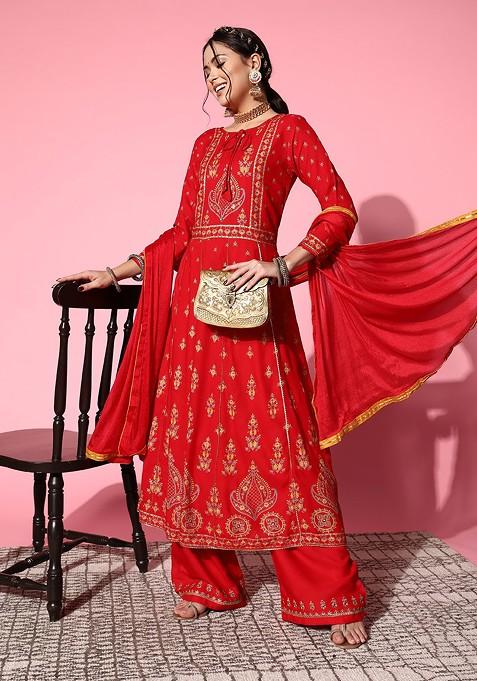 Red Ethnic Motifs Viscose Rayon Fluid Tie Up Kurta Set