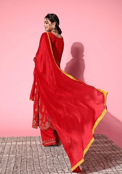 Red Ethnic Motifs Viscose Rayon Fluid Tie Up Kurta Set