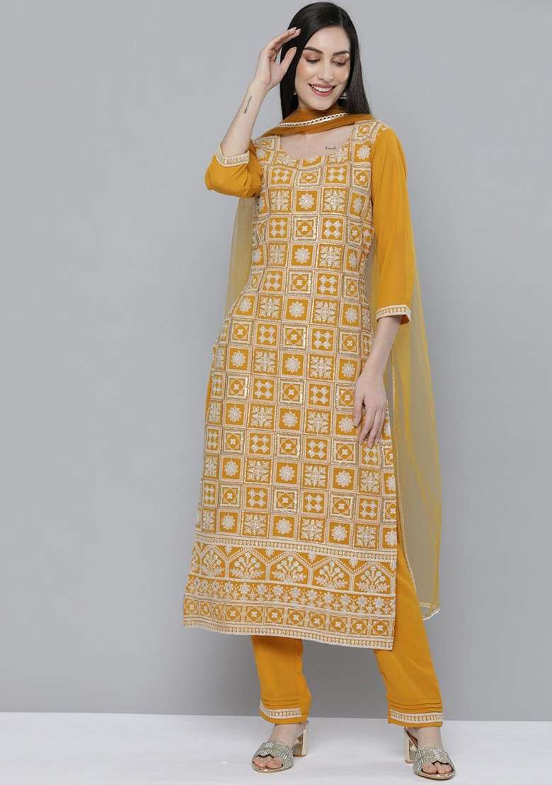 Mustard Yellow Embroidered Blended Straight Kurta Set - Indya