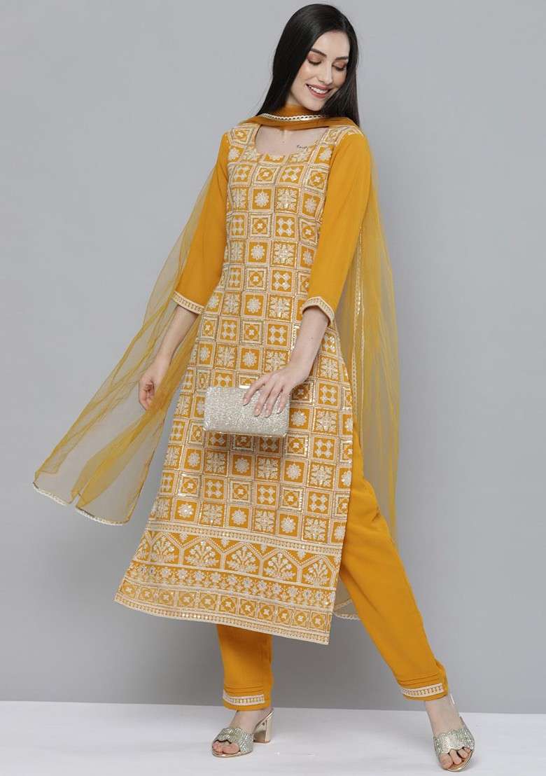 Mustard Yellow Embroidered Blended Straight Kurta Set - Indya