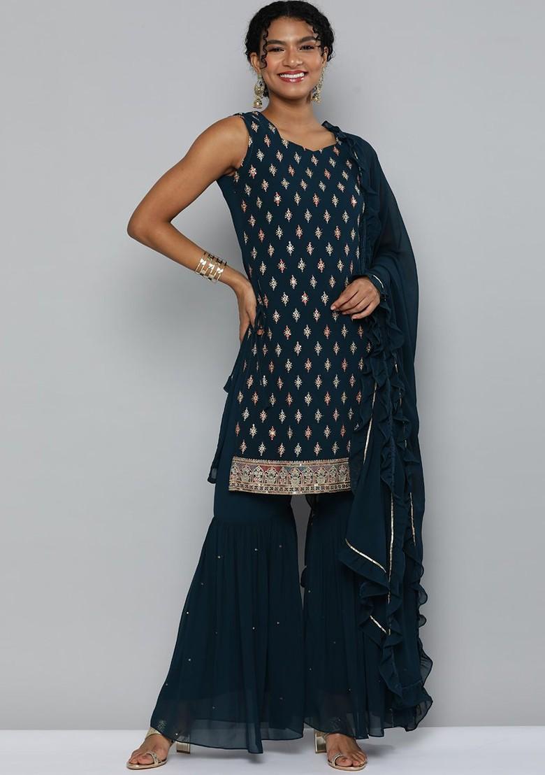 Teal Green Embroidered Kurta With Sharara And With Dupatta