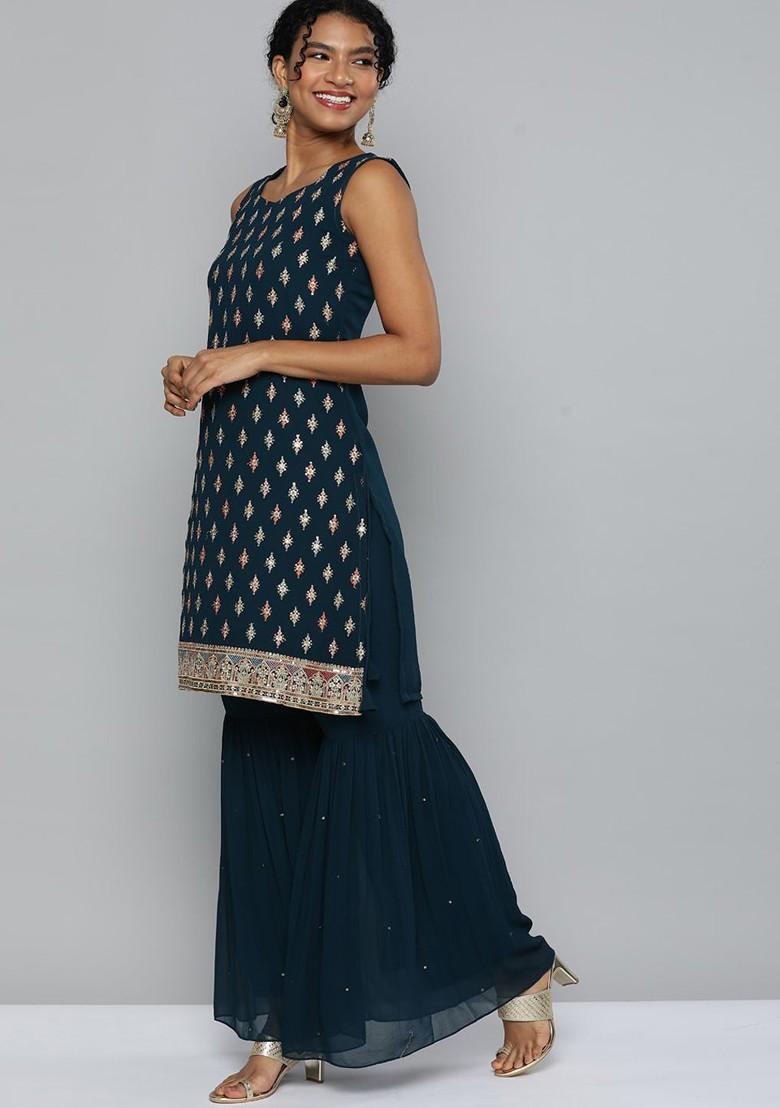 Teal Green Embroidered Kurta With Sharara And With Dupatta