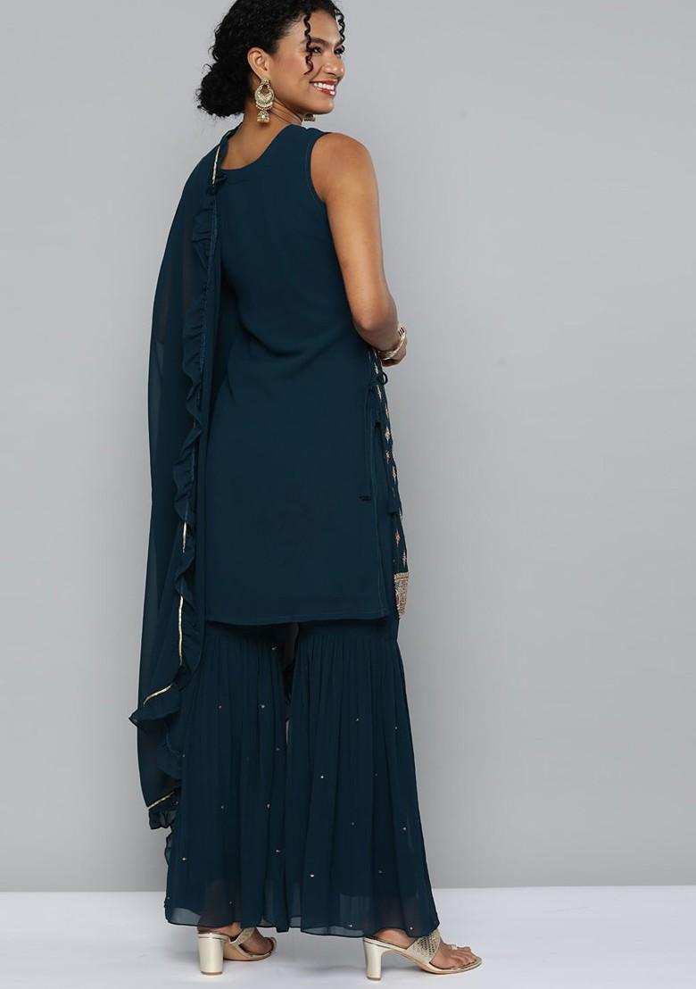 Teal Green Embroidered Kurta With Sharara And With Dupatta