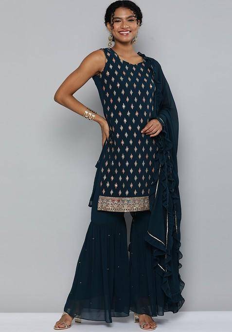 Teal Green Embroidered Kurta With Sharara And With Dupatta