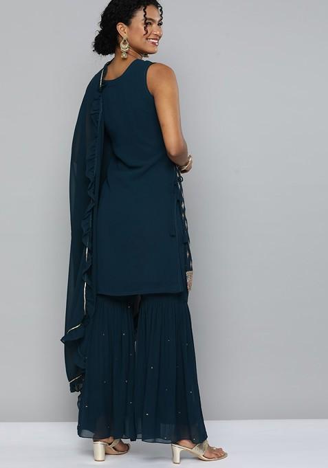 Teal Green Embroidered Kurta With Sharara And With Dupatta