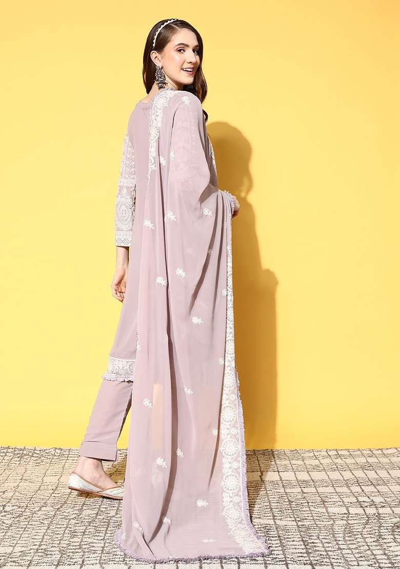 Lavender Embroidered Blended Straight Kurta Set - Indya