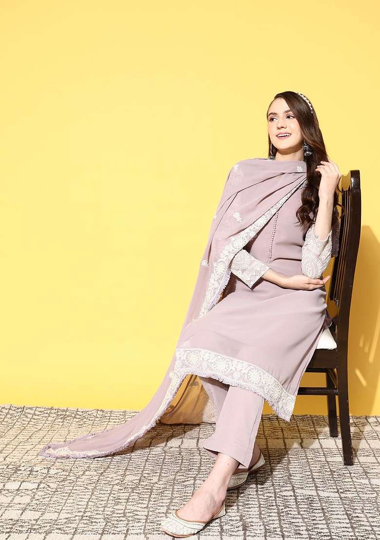 Lavender Embroidered Blended Straight Kurta Set - Indya