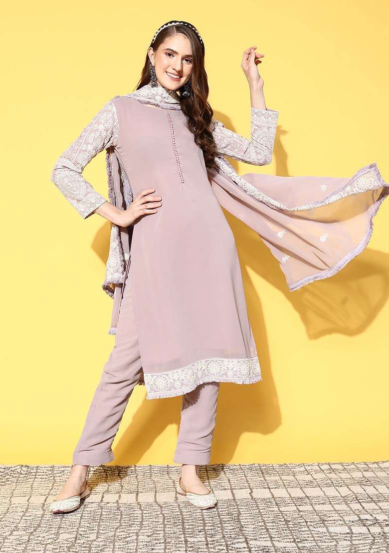 Lavender Embroidered Blended Straight Kurta Set - Indya