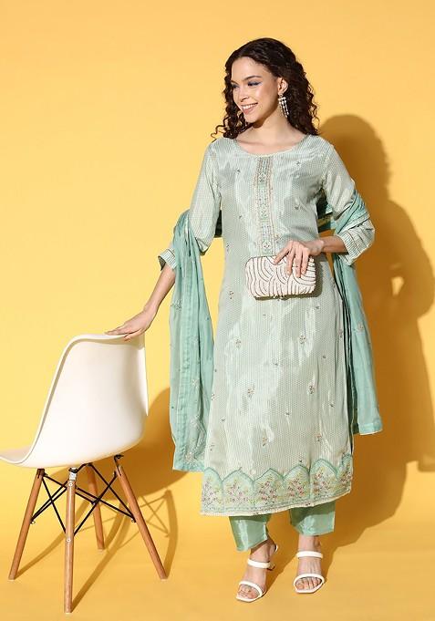 Green Yoke Design Kurta With Trousers And With Dupatta