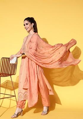Peach Yoke Design Kurta With Trousers And With Dupatta