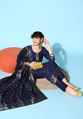 Navy Blue Ethnic Motifs Kurta With Trousers And With Dupatta