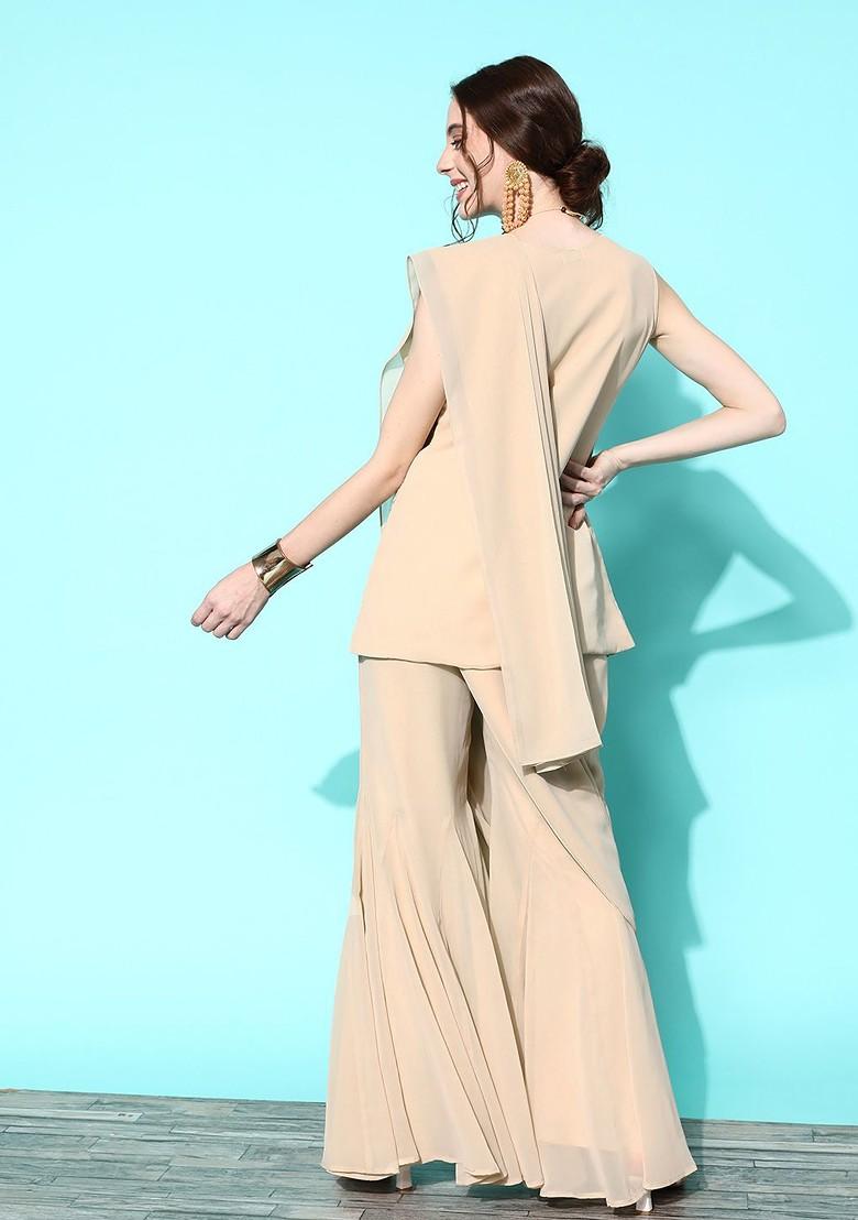 Beige Floral Sequin Embroidered Kurta With Palazzos And With Dupatta