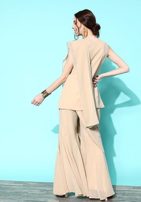 Beige Floral Sequin Embroidered Kurta With Palazzos And With Dupatta