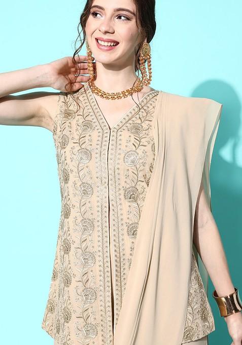 Beige Floral Sequin Embroidered Kurta With Palazzos And With Dupatta