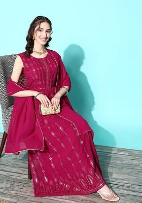Pink Floral Sequin Embroidered Kurta With Palazzos And With Dupatta