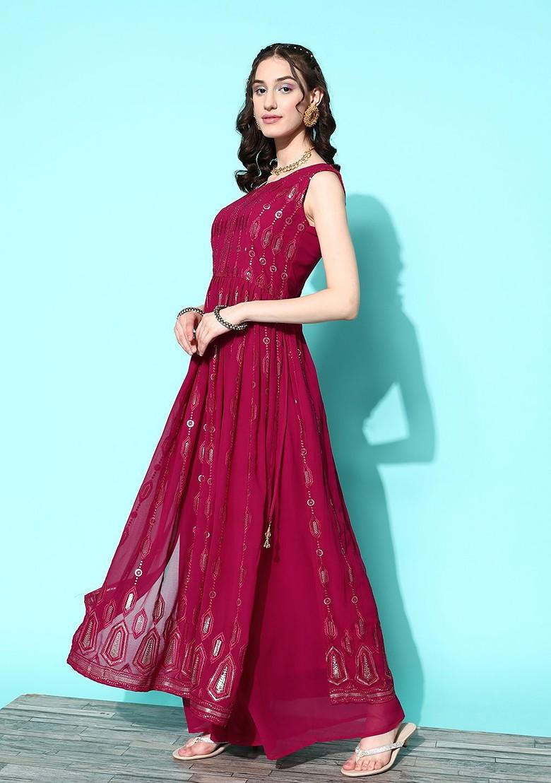 Pink Floral Sequin Embroidered Kurta With Palazzos And With Dupatta