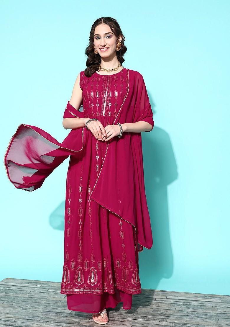 Pink Floral Sequin Embroidered Kurta With Palazzos And With Dupatta