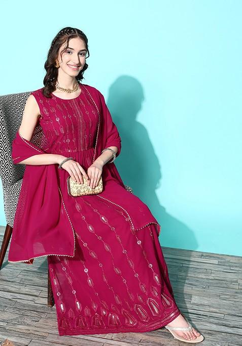 Pink Floral Sequin Embroidered Kurta With Palazzos And With Dupatta