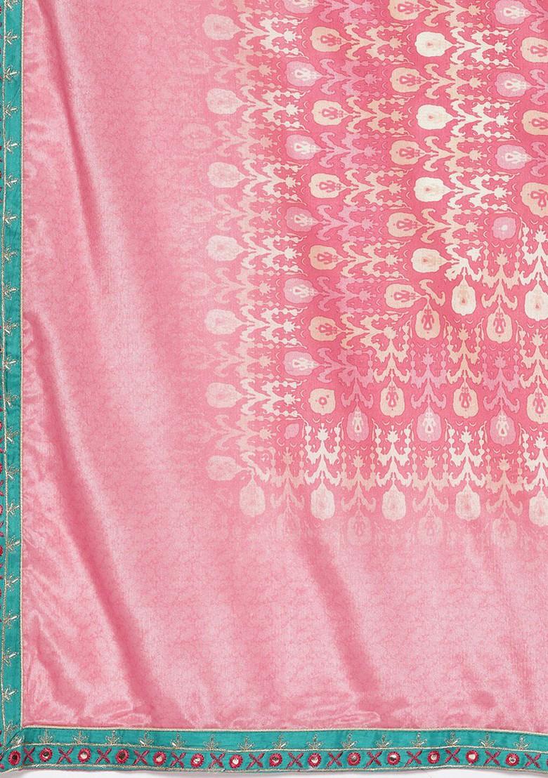 Pink Floral Print Mirror Work Anarkali Kurta With Sharara And Dupatta