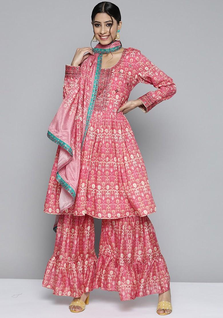 Pink Floral Print Mirror Work Anarkali Kurta With Sharara And Dupatta