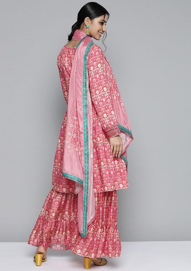 Pink Floral Print Mirror Work Anarkali Kurta With Sharara And Dupatta