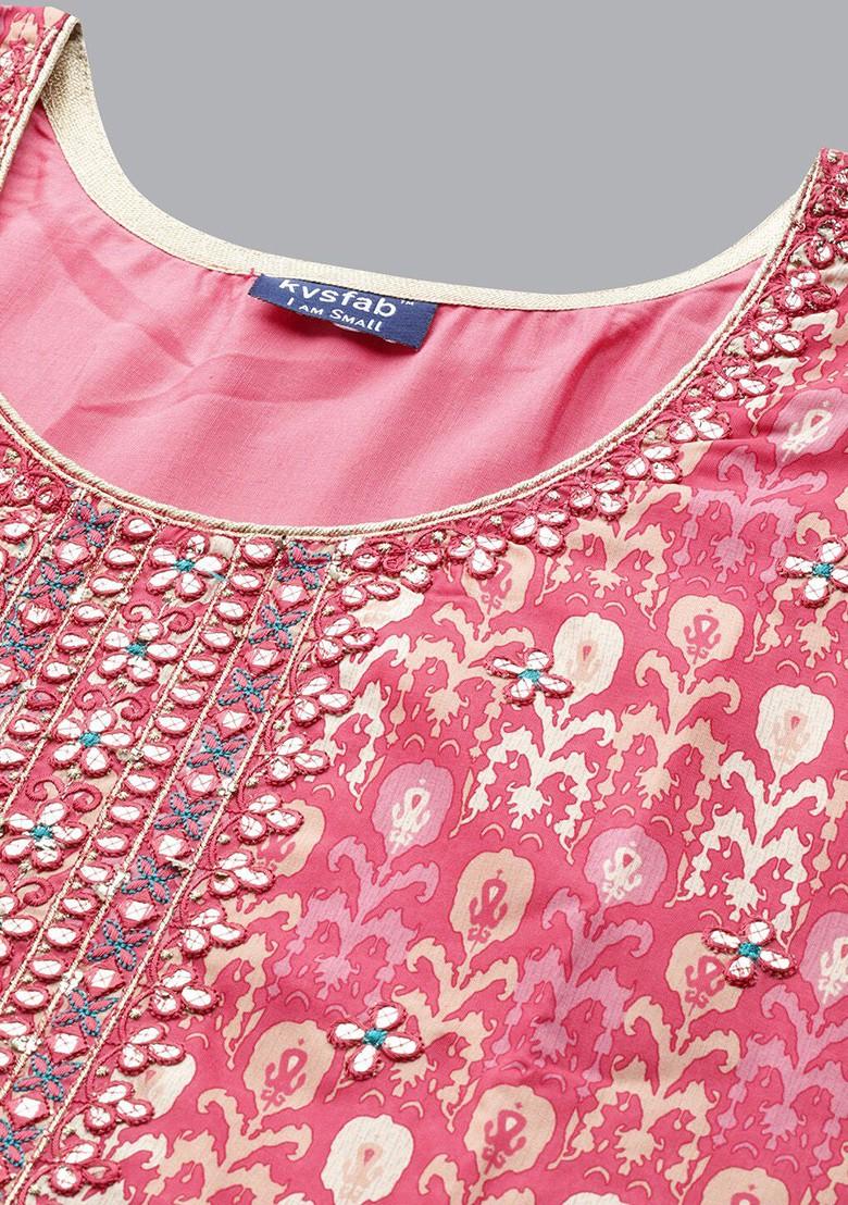 Pink Floral Print Mirror Work Anarkali Kurta With Sharara And Dupatta