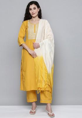 Yellow Ethnic Motif Embroidered Mirror Work Kurta With Trousers And Dupatta